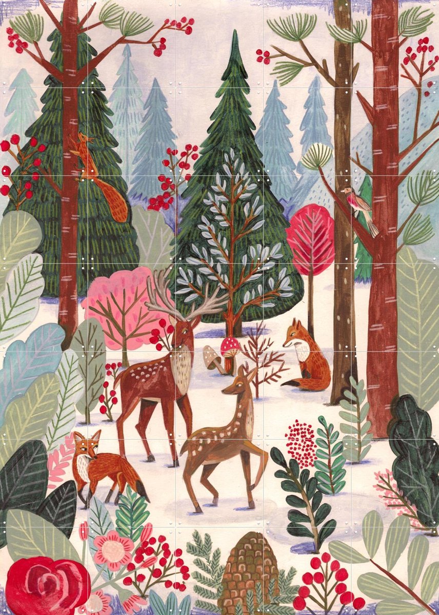 IXXI Animals in winter forest, Caroline Bonne Müller & Various - 100 x 140 cm - Gratis ophangtool - Grote wanddecoratie en posters - Illustraties