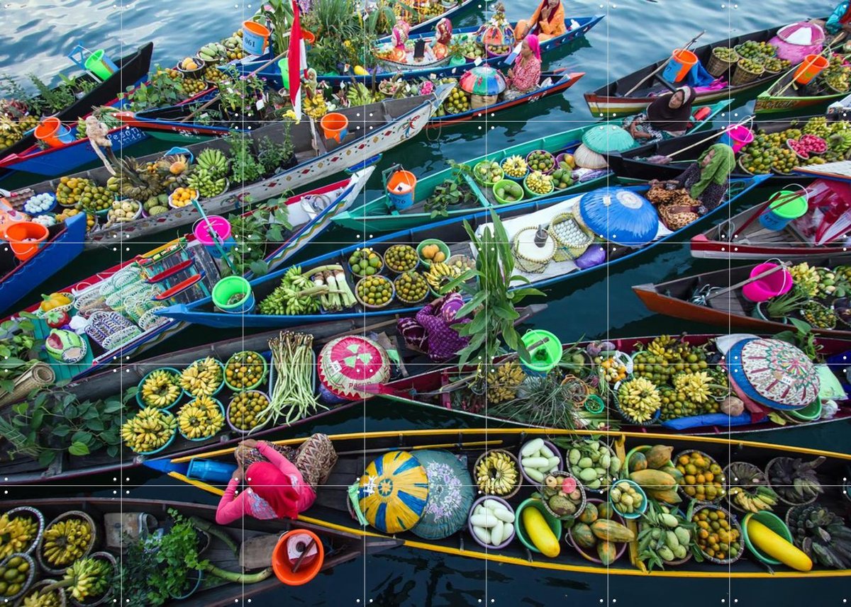 IXXI Pasar Terapung, Various - 140 x 100 cm - Gratis ophangtool - Grote wanddecoratie en posters - Kleurrijk, Fotografie, Keuken, Woonkamer, Eetkamer