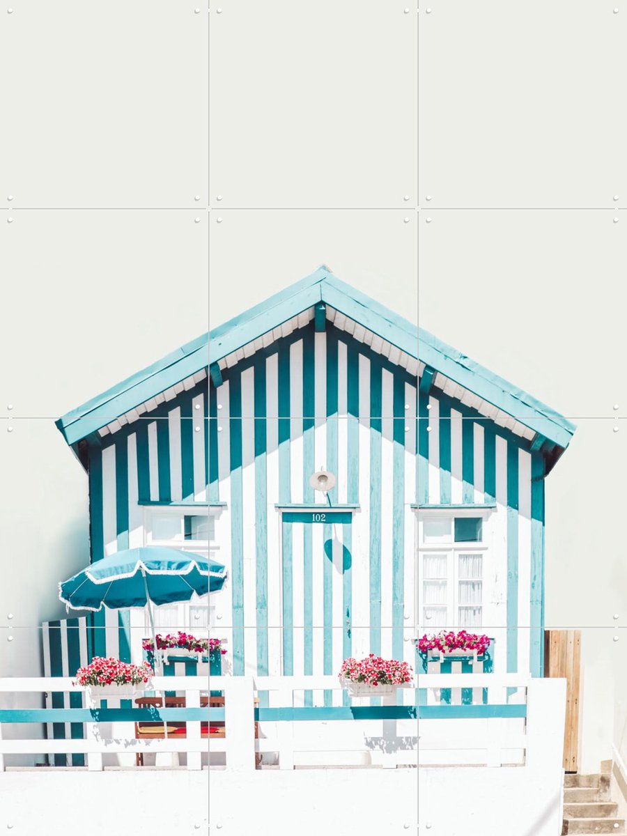 IXXI Blue Striped Houses, Ingrid Beddoes - 60 x 80 cm - Gratis ophangtool - Grote wanddecoratie en posters - Minimalisme, Strepen, Kleurrijk