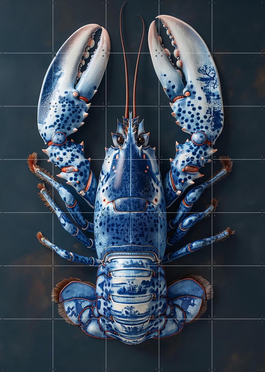 IXXI Delfts Blauwe kreeft - Zwart, Margriet Hulsker - 100 x 140 cm - Gratis ophangtool - Grote wanddecoratie en posters - Illustraties, Keuken