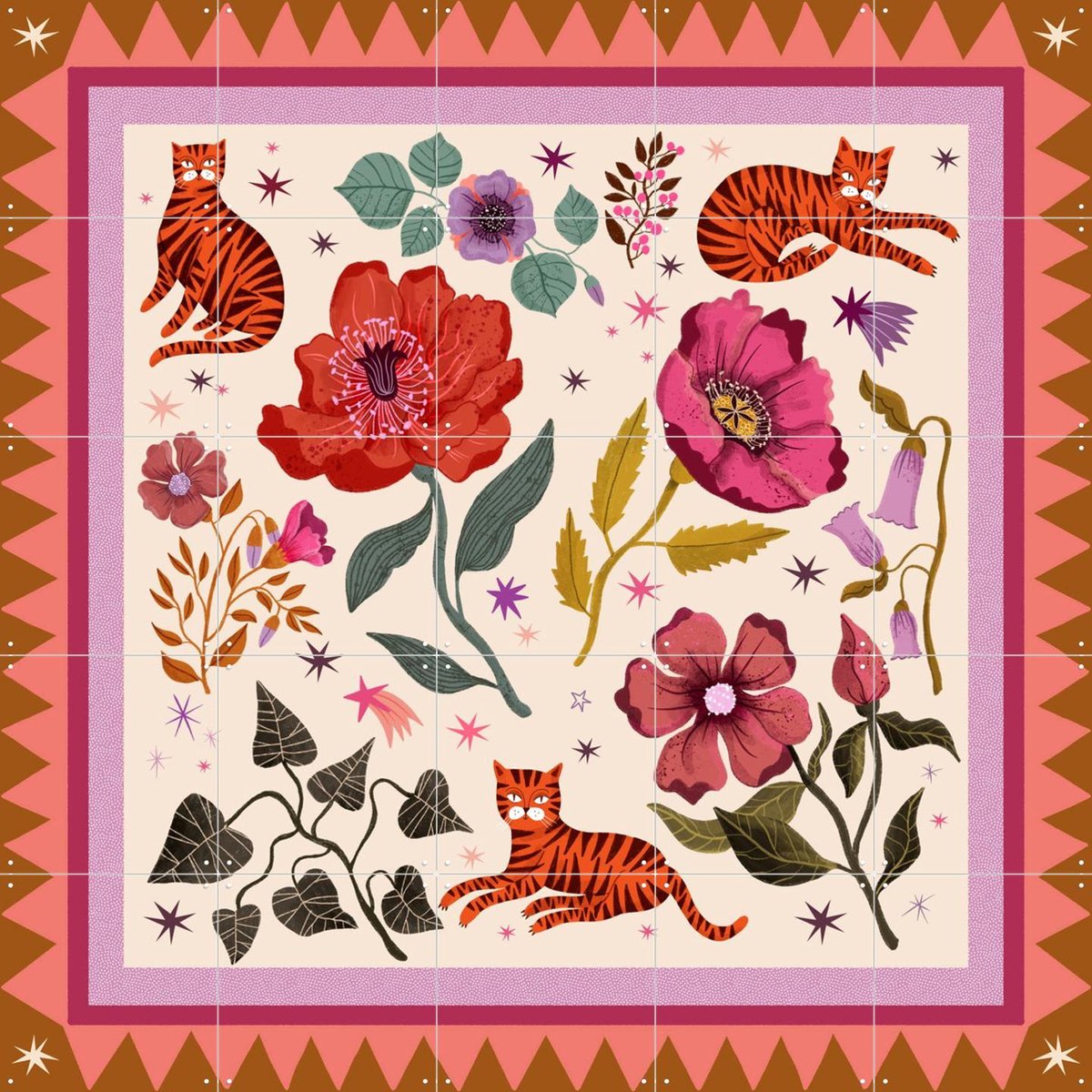 IXXI Tiger cat poppy field, Lena Addink - 100 x 100 cm - Gratis ophangtool - Grote wanddecoratie en posters - Speels, Illustraties, Digitale Kunst