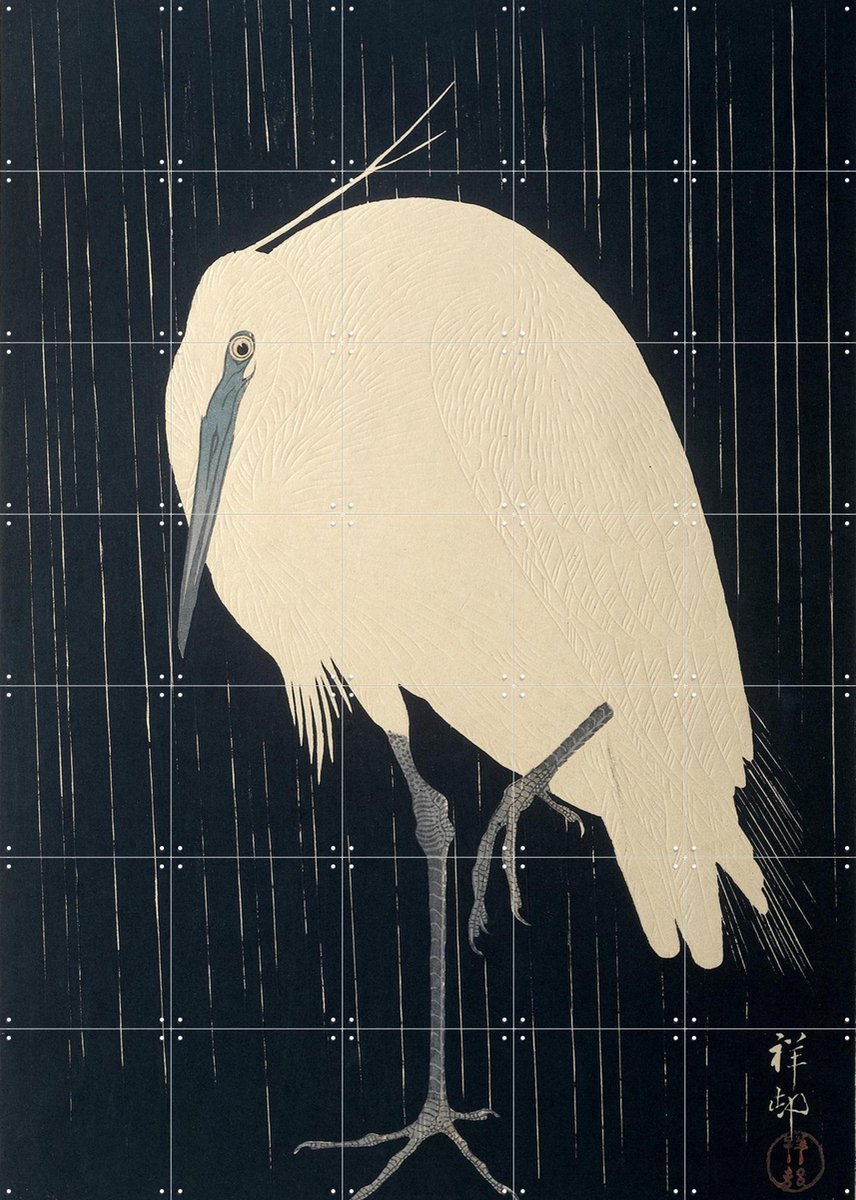 IXXI Zilverreiger in de regen, Ohara Koson & Rijksmuseum - 100 x 140 cm - Gratis ophangtool - Grote wanddecoratie en posters - Klassiek, Houtsnede