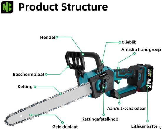 NewBeny Accu Kettingzaag - 12 inch Zaagblad - Borstelloze Kettingzaag - Snoeizaag - Takkenzaag - met 2x Accu - Automatische Kettingsmering - voor taksnijden en houtbewerking, inclusief — afbeelding 3