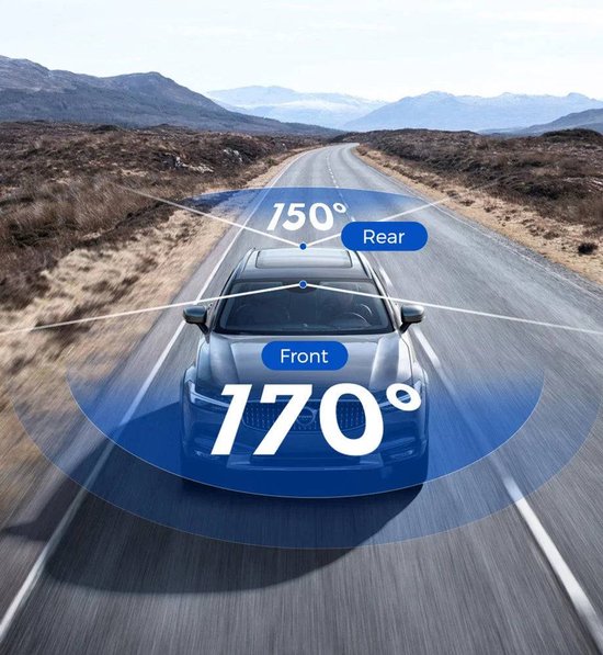 Dashcam met brede kijkhoeken van 170 graden voor, 150 graden achter, op een auto op de weg.