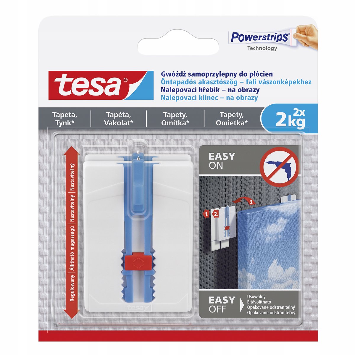 tesa® Verstelbare Zelfklevende Spijker - Voor Schilderijen op Canvas - Behang & Stucwerk - 2 stuks - Draagkracht tot 4 kg - ZONDER Boren