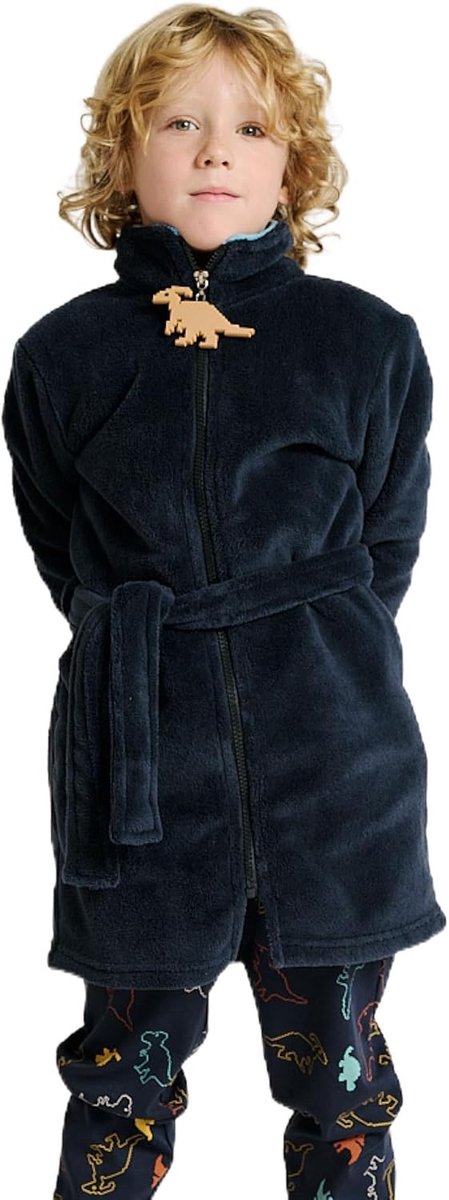Kinderbadjas Dinosaurus - Warme huisjas - Na het badderen - Zacht teddyfleece - Marineblauw
