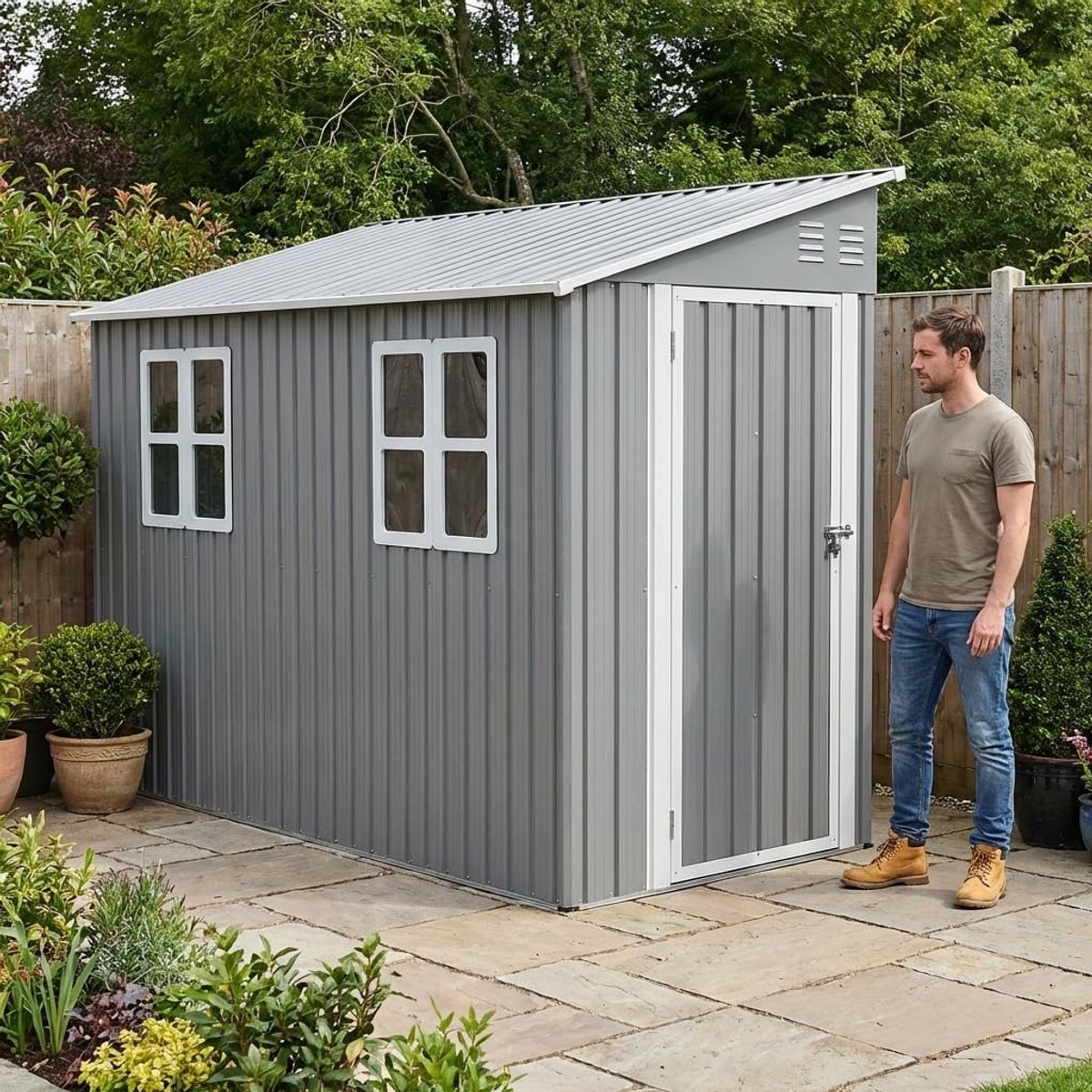 Metalen gereedschapsschuur - Tuinkast fietsgarage - Opbergen buiten - Dubbele deur ventilatie - 311x123x181 cm - Grijs