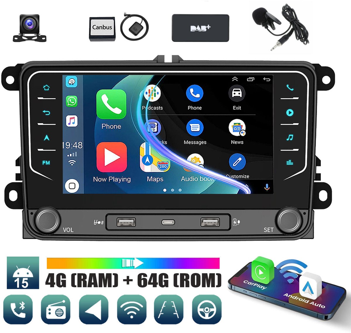 ESSGOO Autoradio voor Volkswagen GOLF MK5 MK6 PASSAT Touran EOS Polo - Android 15 - 4 GB +64 GB - 7 inch - Draadloos Apple Carplay en Android Auto - GPS-Navigatie - Bluetooth - Wifi - Achteruitrijcamera - DAB+ - Microfoon