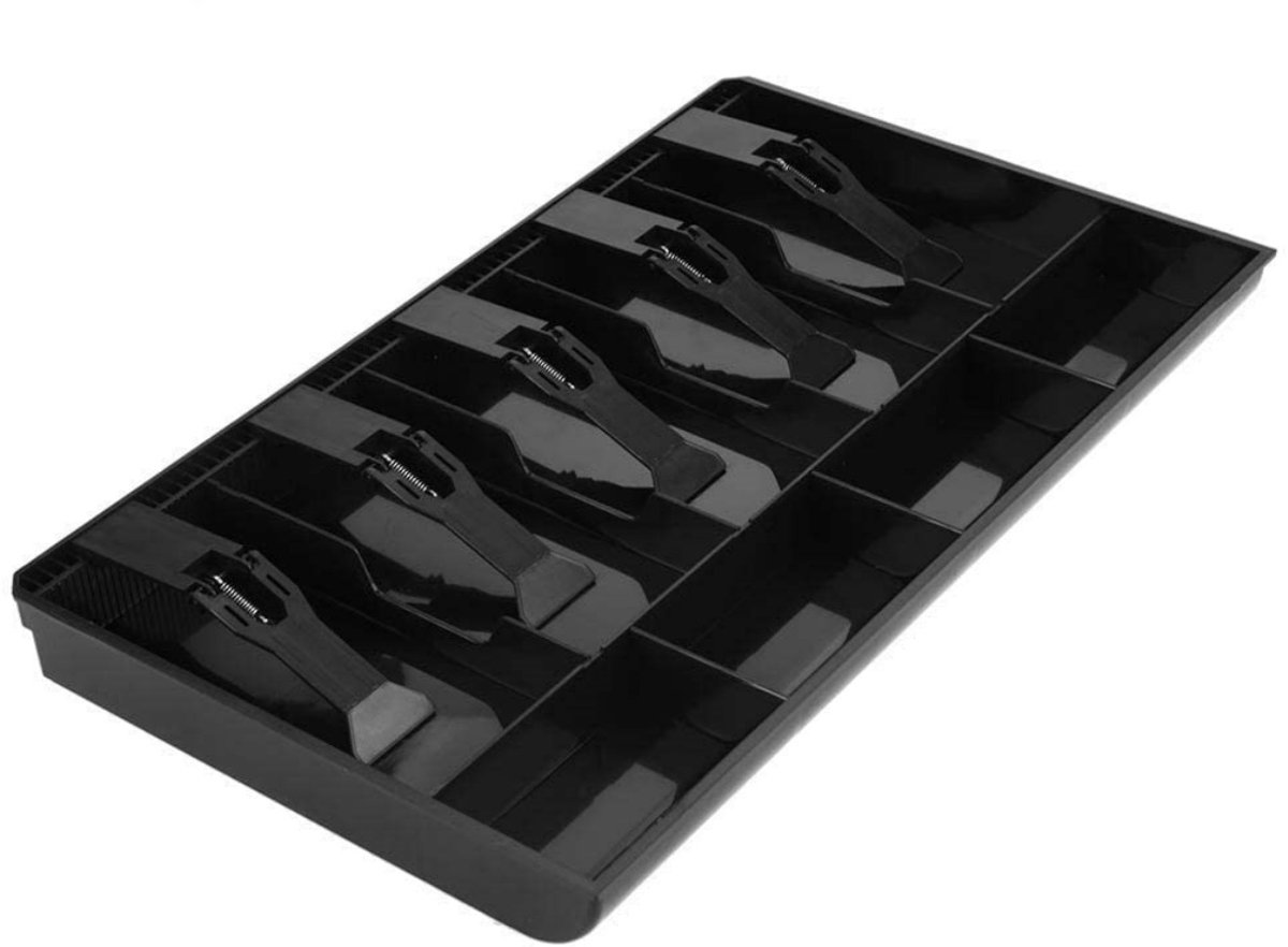 longziming -Geldlade Cassette - Opbergbox voor kaslade met insteekvak - ABS Materiaal - 5 Bankbiljetvakken & 4 Muntvakken - Uitneembare Muntlade - Sterke Veerclips - Voor Winkel, School, Kerk - Zwart