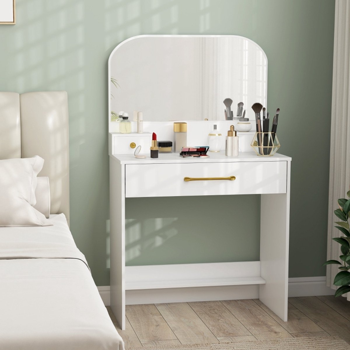 Wishdor Kaptafel Met Spiegel - 3 Laden - Modern - Voor Slaapkamer - Spaanplaat Met Melaminecoating - Wit - 80 X 40 X 135 Cm
