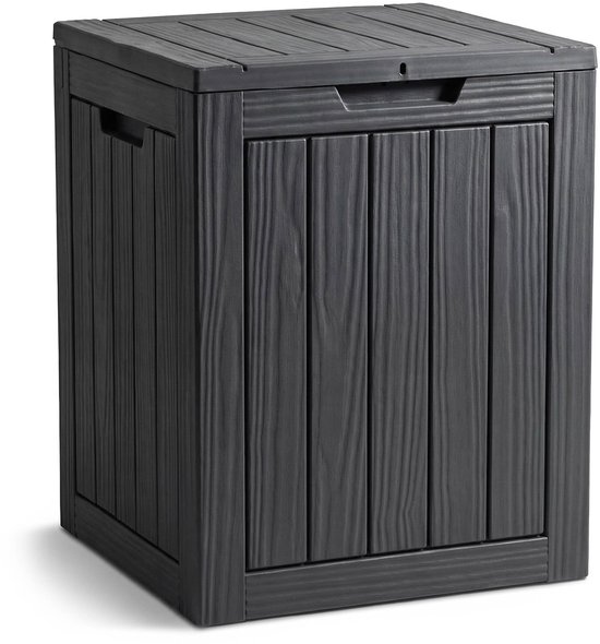 Zwarte opbergbox met verticale planken en gesloten deksel, op een witte achtergrond.