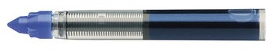 Eén blauwe Schneider rollerball navulling met doorzichtig reservoir en blauwe inkt.