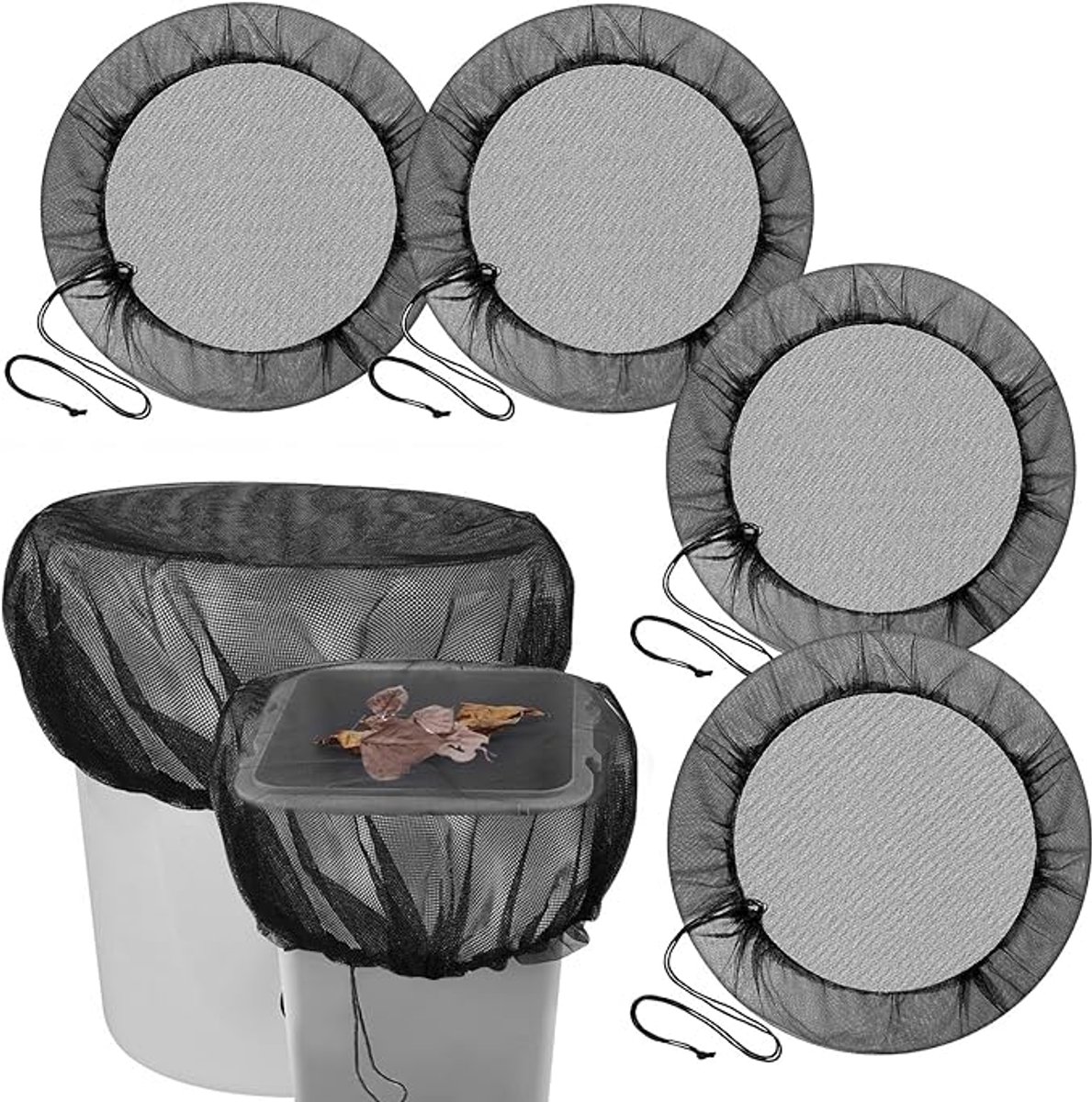 4 stuks -regentongaas -regentongaas met trekkoord -regenton filter, afdekking - Beschermt tegen bladeren en muggenlarven - Diameter 80 cm - Zwart - beschermhoes voor regenton