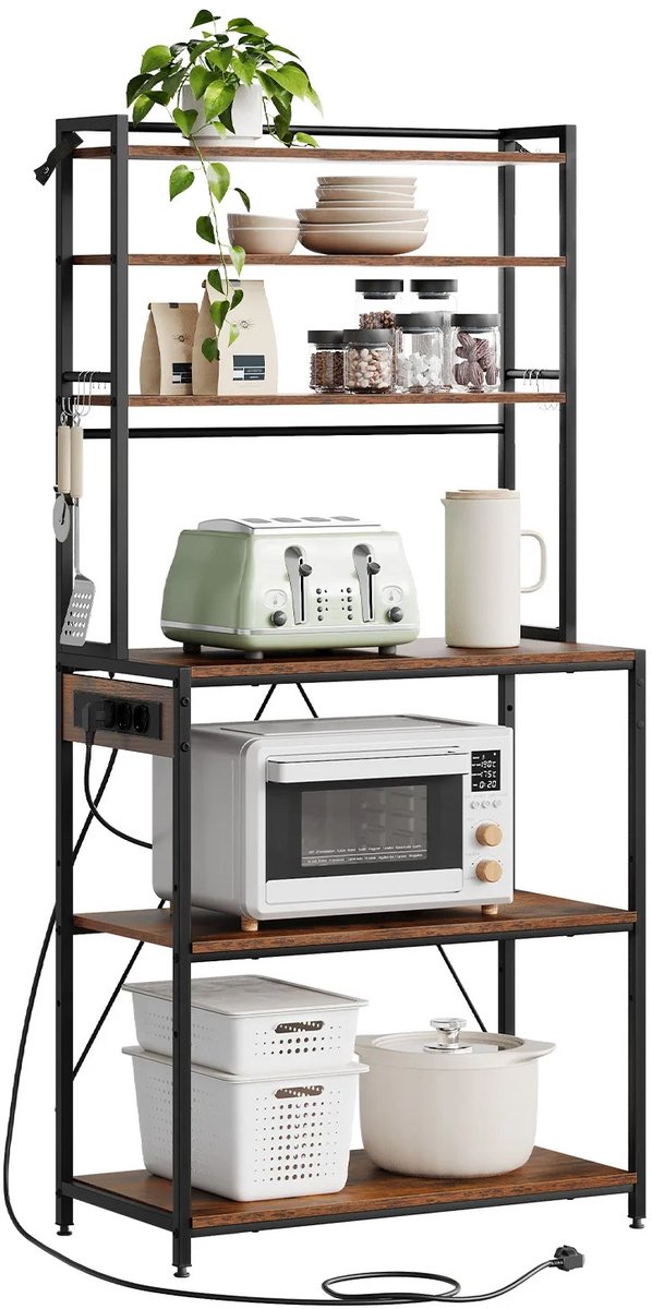 NordHaus Keukenrek - Opbergrek met Stopcontact - 6-Laags Magnetronrek met Haken - Verstelbare Planken 80x39,5x167 cm
