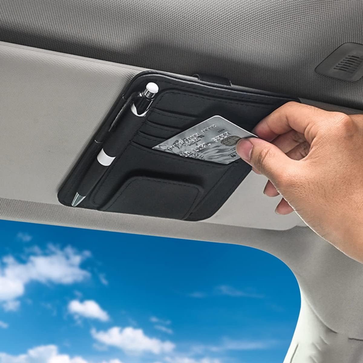 Kleine leren organizer voor zonneklep - auto accessories - Zonnebrilclip - auto accessoires decoratie - Documententas - Organizer voor auto/vrachtwagen - 15,5*12,5 cm - Zwart - PU