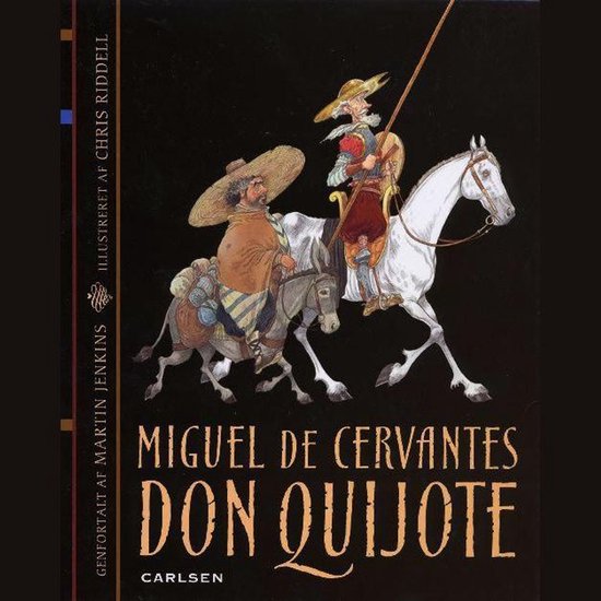 Illustration de Don Quichotte à cheval avec une lance, et Sancho Panza sur un âne, tous deux portant des chapeaux.