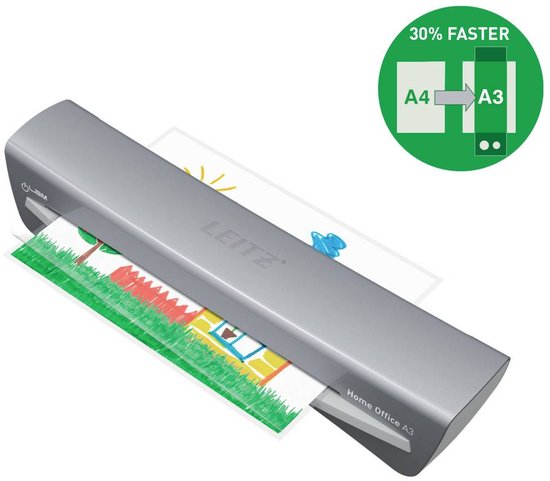 Zilverkleurige Leitz Home Office A3 lamineermachine met kinderillustraties die worden gelamineerd.
