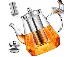 Theepot - 1000ml Glas Theepot met 304 RVS Filter - Zilver - Explosiebestendig en Hittebestendig - Geschikt voor Open Vuur /Elektrische keramische kookplaat/Magnetron