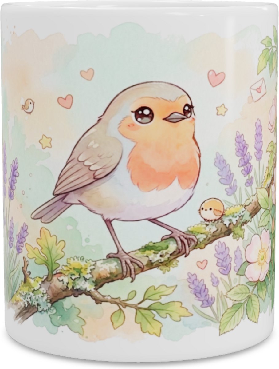 Lieve Roodborstje Mok met Schattig Muisje en Liefdesbrief - Kawaii Series - Sfeervolle Koffiemok en Theebeker Cadeau voor haar: Vrouw, Vriendin of Collega - Gezellige Dieren Print Beker voor op Kantoor, Thuis of Bureau - Natuur Lente