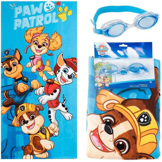 Blauw Paw Patrol strandlaken met Chase, Marshall, Skye en Rubble; zwembril ernaast.