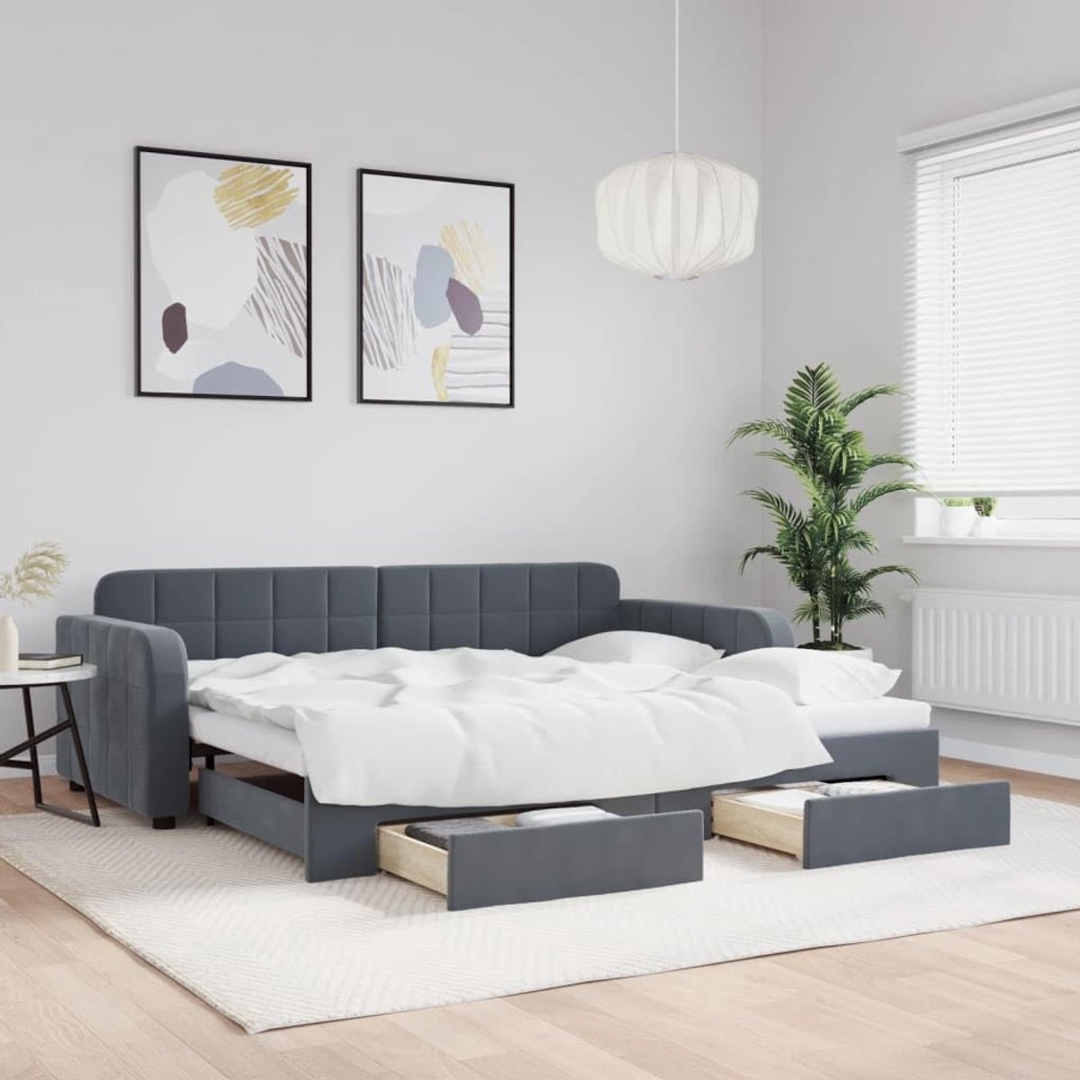 Slaapbank - Uitschuifbaar Bed - Logeerbed Woonkamer - Twee Lades - 90x200cm - Donkergrijs