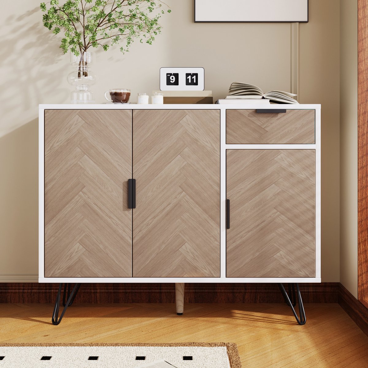 Wishdor - Opbergkast - Met Lade En Verstelbare Legplanken - Modern - MDF En Spaanplaat - Wit En Houtkleur - 90 X 30 X 71,5 Cm