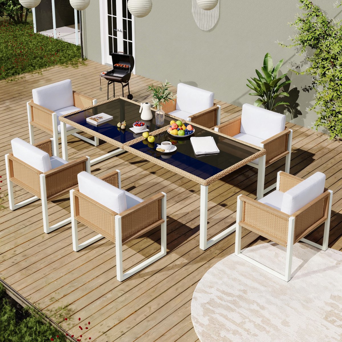 Sweiko Tuin Dining loungeset - kunstrattan - Eettafel + 6 fauteuils - Inclusief kussens - Wit + Zwart + Kaki