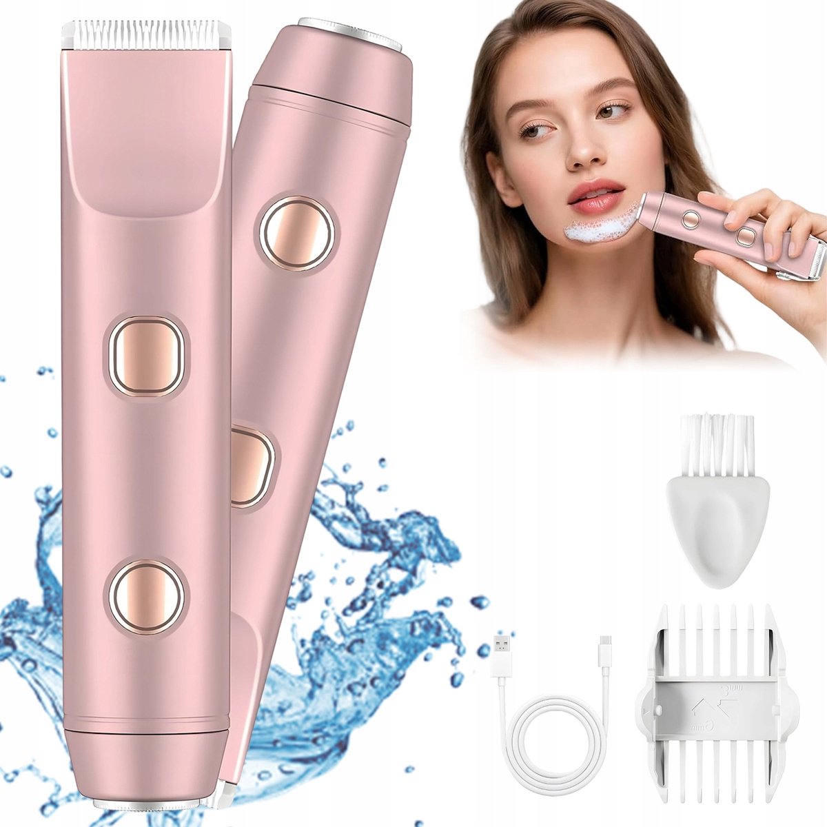 Elektrische Haartrimmer - 2-in-1 Haartrimmer voor Vrouwen - Roze/goud - IPX6 waterdicht - 400mAh USB-C - Met LED-display & 2 Opzetstukken - Geschikt voor oksels, benen, armen en bikinilijn