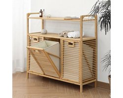 Grote Bamboe Wasmand - Kast Met Bakken - Kleding Sorteren - Uitneembare Stoffen Bakken - 97x30x72cm - Natuurlijk Bamboe