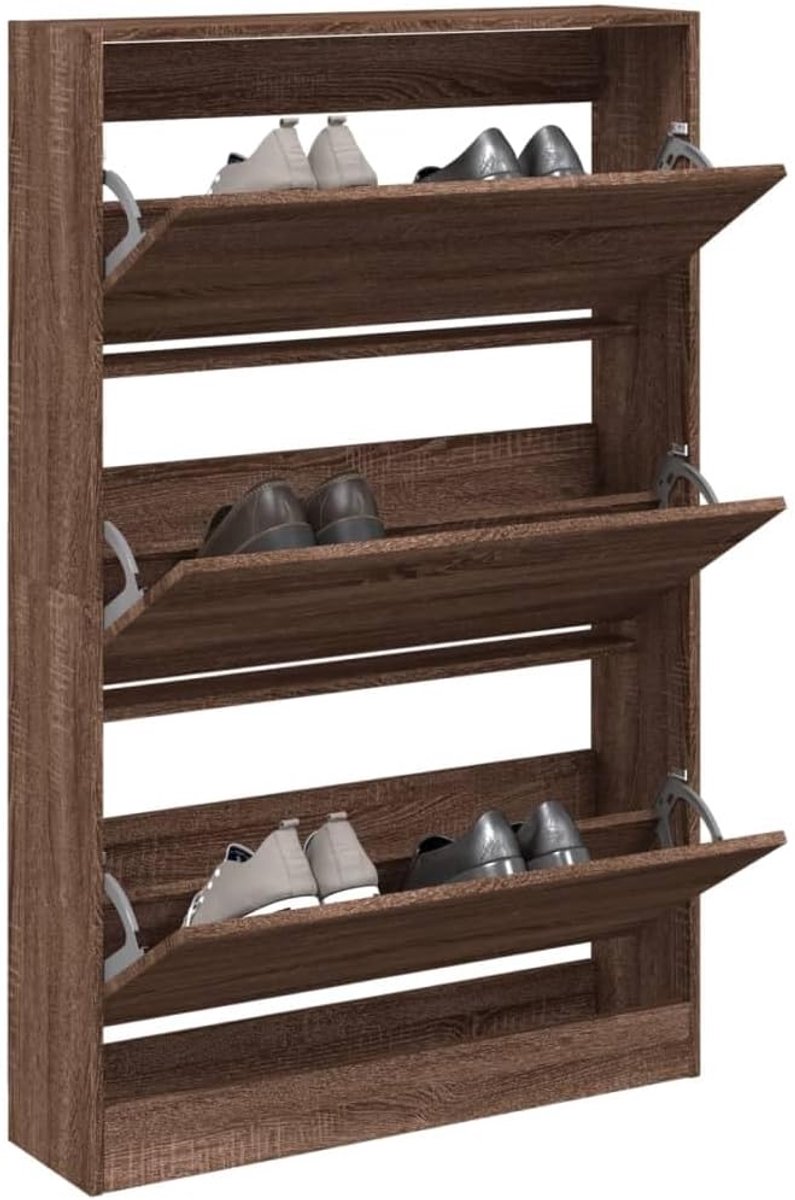 Schoenenkast Hout - Schoenen Organizer - Ruimtebesparend Opbergen - Drie Vakken - 80 x 21 x 1255 cm - Eikenlook Bruin
