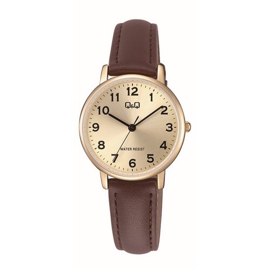 Goudkleurig analoog horloge met een champagnekleurige wijzerplaat en bruine leren band. Cijfers 1-12.