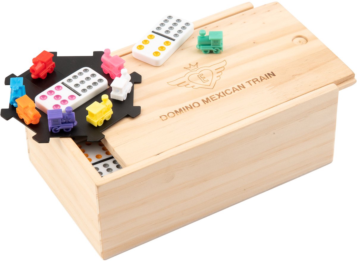 Domino Dubbel 12 Mexican Train – 91 Stenen met Gekleurde Ogen – Houten Kist met Schuifdeksel – Inclusief Station & Treinen – Strategisch Familiespel – Engelhart — afbeelding 6