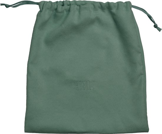 Groene stoffen opbergzak met trekkoord en subtiel JBL logo.