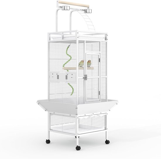 Grote Vogelkooi met Speeldak op Wielen - Papegaaienkooi & Parkietenkooi - Smeedijzer - Wit - 47x47x152 cm