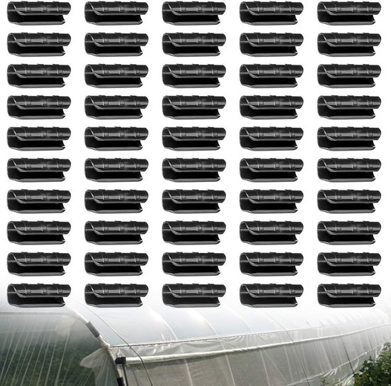 Veel zwarte klemclips boven een foto van een kas.