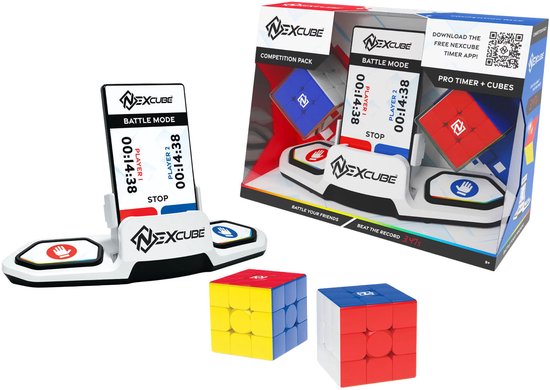 Nexcube competitiepakket met twee speedcubes (geel/blauw en rood/wit) en een witte dubbele timer.