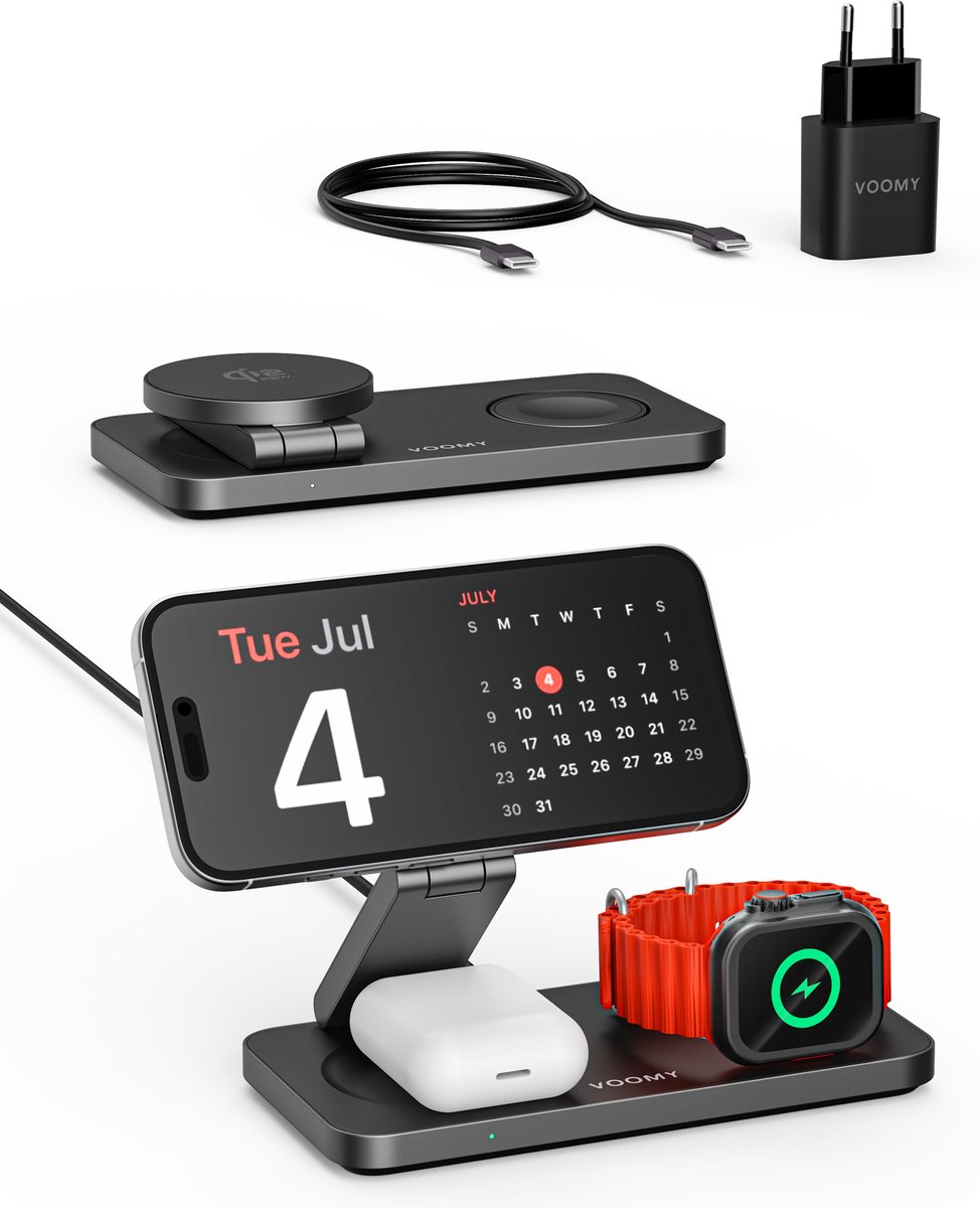 Voomy 3-in-1 Draadloze Oplader QI2.2 - 25W draadloos snelladen - Opvouwbaar Oplaadstation - Geschikt voor MagSafe, Apple Watch, Draadloze Oortjes - Wireless Charger - Inclusief 35W PD Adapter - Zwart