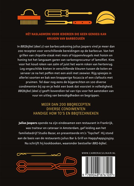 Boekomslag 'BBQbijbel 2' met illustraties van barbecuegereedschap, de tekst 'Hét naslagwerk voor iedereen die geen genoeg kan krijgen van barbecueën' en ISBN-barcode.