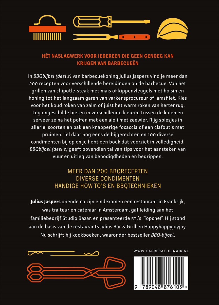 Boekomslag 'BBQbijbel 2' met illustraties van barbecuegereedschap, de tekst 'Hét naslagwerk voor iedereen die geen genoeg kan krijgen van barbecueën' en ISBN-barcode.