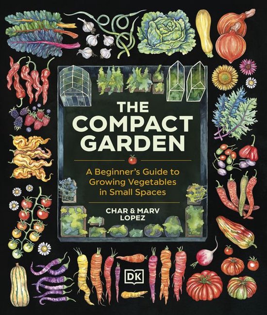 Boek 'The Compact Garden': Een beginnersgids om groenten te kweken in kleine ruimtes. Omringd door diverse groenten en fruit.