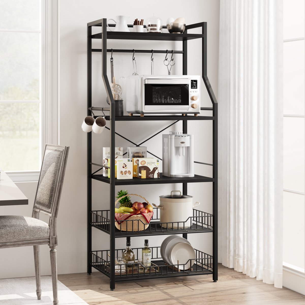Vrijstaand industrieel koffiebarstation 60x40x146cm - 5-laags magnetronrek met opbergruimte, 2 draadmanden & 6 haken, zwart