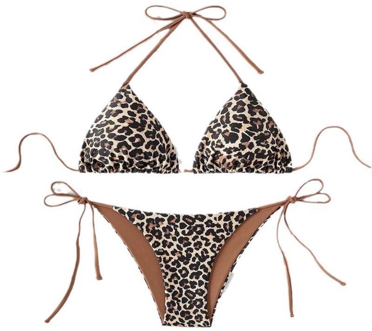 Dames Leopard Bikini Set – Halter Driehoek – Striksluiting – Tweedelig Badpak – Zomer Strand & Zwemmen – L