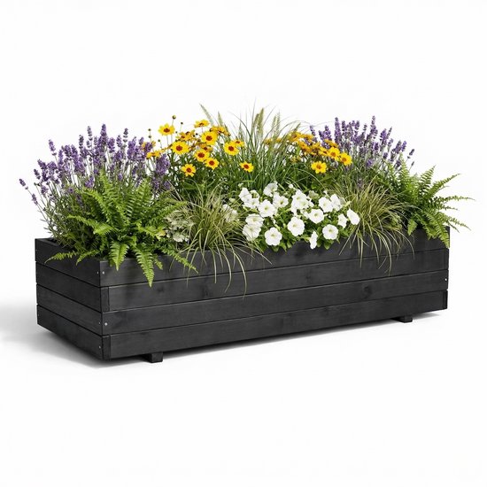 IvoQ Luxe Bac à Plantes en Bois Extérieur - Bois FSC Noir - Bac à Fleurs Résistant aux Intempéries - 120x40x32 cm