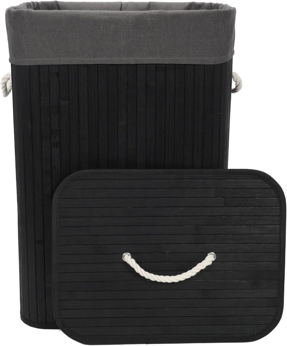 Bamboe wasmand 80 liter zwart met deksel en uitneembare waszak