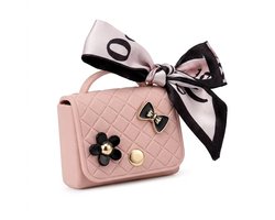 Roze hoesje voor oordopjes dames met strik en decoratieve details geschikt voor AirPods 4 kunstleer hardcase met ring en lint