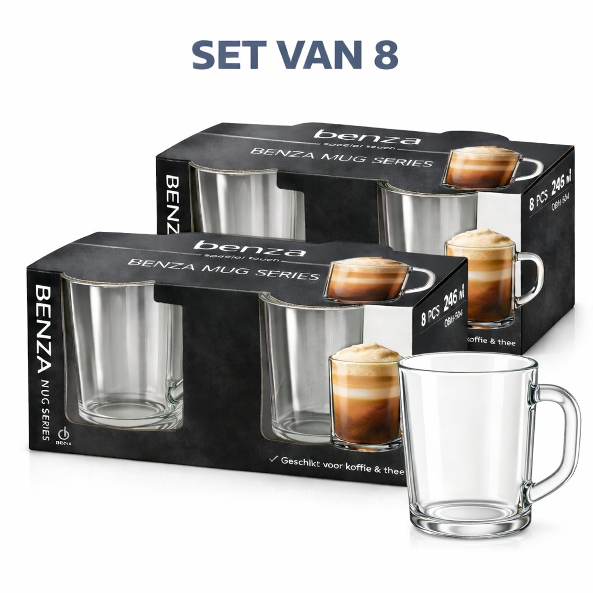 Theeglazen Set - 8 Stuks - 246 ml - Koffieglazen met Oor - Transparant