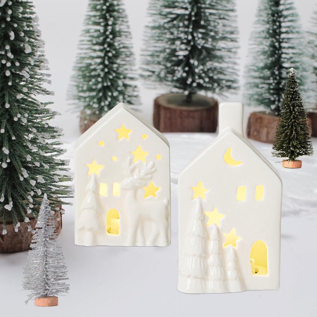 Verlichte Kerstboerderij Set van 2 Kerstdorp Huisjes met Mini Boompjes – foto 5
