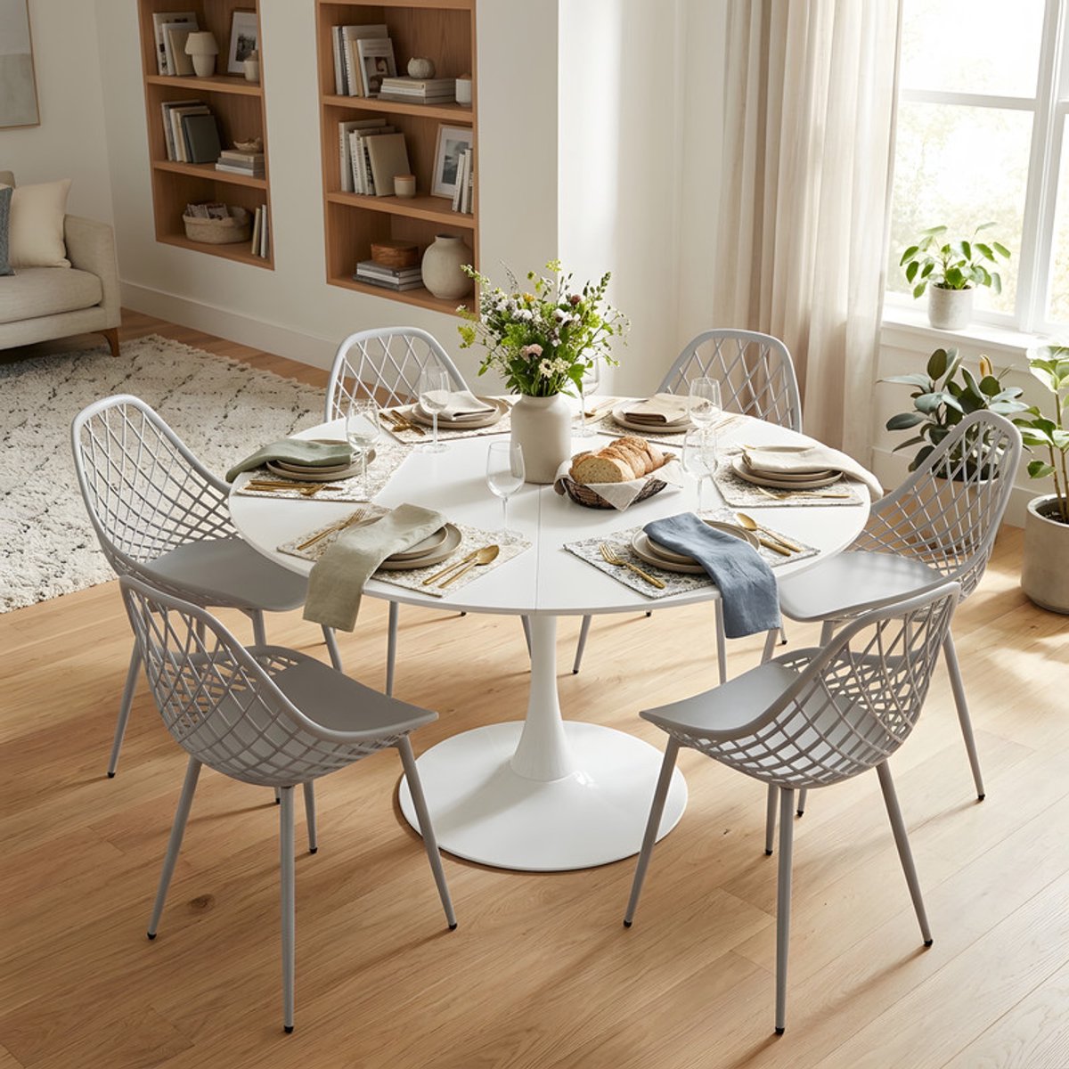 EGGREE eettafel en stoelen - 6 grijze eetkamerstoelen - tafel Ø 100 cm - voor bar - café en eetkamer Wit-M6G