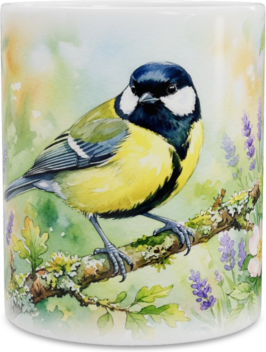 Mok met Koolmees "Aquarel Series" Print - Koffiemok & Theebeker met Tuinvogel & Natuur - voor Kantoor en Thuis - Leuk Cadeau voor haar: Vrouw, Vriendin of Collega - Vogelmok met Bloem Design Botanische Decoratie