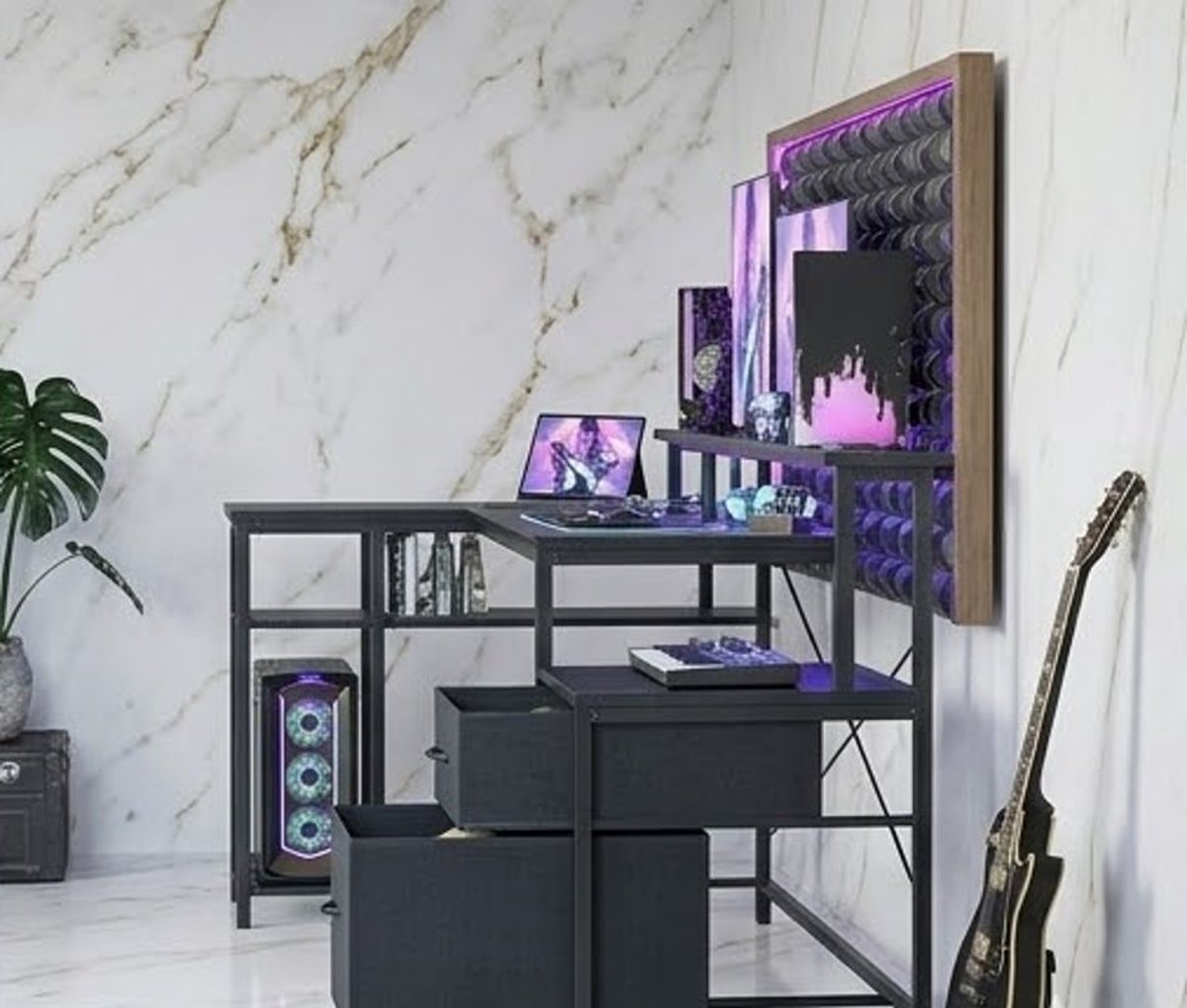 Luxe L-vorm Hoekbureau met LED & Stopcontacten 150 cm – Modern Gaming & Thuiswerk Bureau met Monitorstandaard en 2 Lades Casa Serena – 150 cm – Casa Dorada